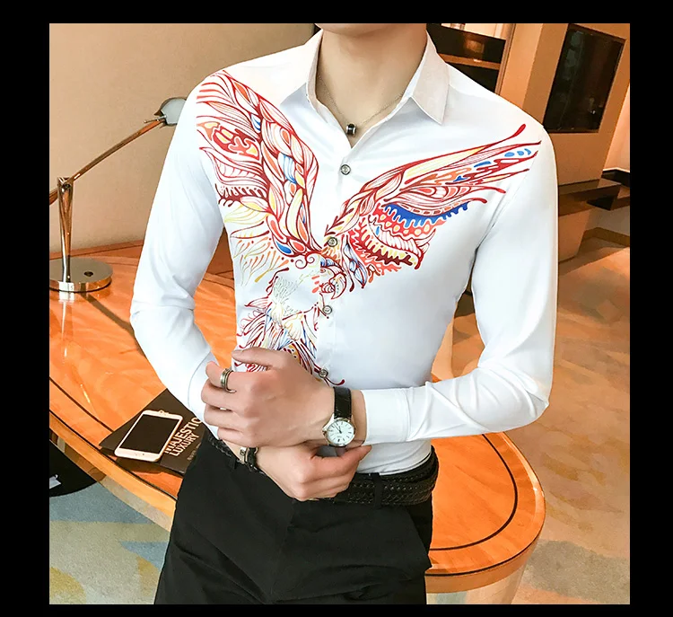 Роскошные Золотые рубашки с принтом Camisa MasculinaRopa De Hombre повседневные мужские рубашки Клубные рубашки дизайн Camisa Social Slim Fit