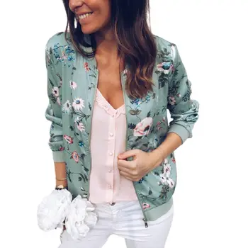 

Women Autumn Long Sleeve Baseball Coat Vintage Floral Printed Stand Collar Bomber Jacket Zipper Up Short Outwear Plus Size