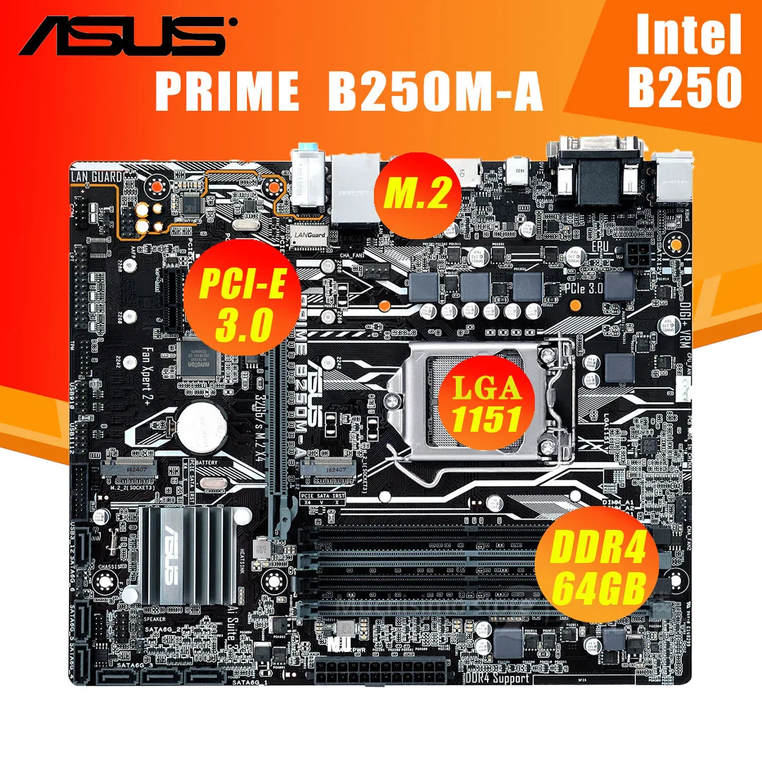 Материнская плата LGA 1151 Asus PRIME B250M-A DDR4 64 Гб PCI-E 3 0 м. 2 SATA HDMI VGA DVI Рабочий стол B250