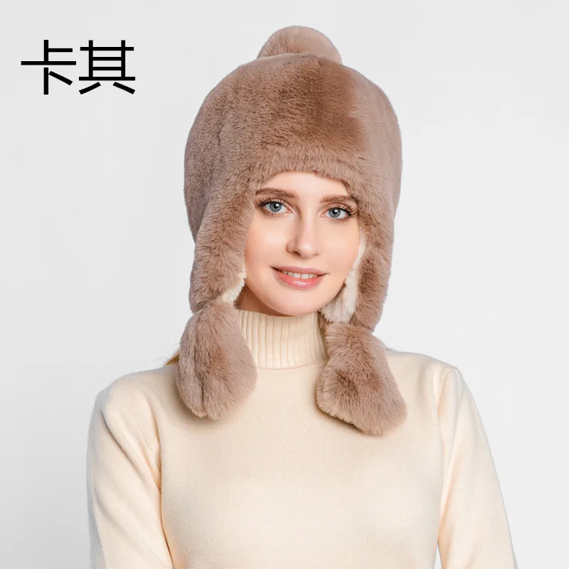 Khaki Осень зима новые женские шапочки Твердые уши шапка наушники искусственный мех Помпон Мяч - Цвет: Khaki