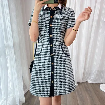 

Plaid Women's Mini Dress Single Breasted Short Sleeve Early Autumn A-line High Waist Dresses with Pockets 2020 New