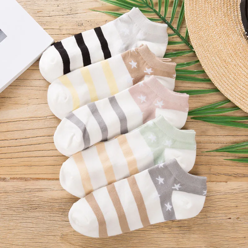 

5 Pair Unisex Comfortable Stripe Polyester Sock Kid Color Pattern Elastic Breathable Sock Slipper Low Ankle Cotton Sock Hot Sale