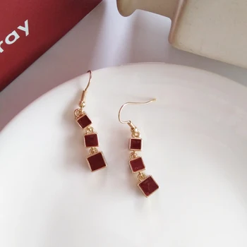 

Fashon Jewelry Earrings Three-dimensional Square Red Long Hanging Dangle Drop Earrings For Women Jewelry Girl Student Party Gift