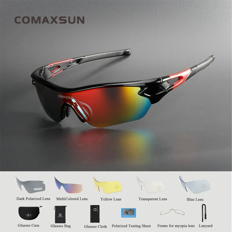 Black Red COMAXSUN, профессиональные поляризационные велосипедные очки, велосипедные, MTB, очки для рыбалки, спорта на открытом воздухе, TR90, солнцезащитные очки, UV 400, 5 линз - Цвет: Black Red