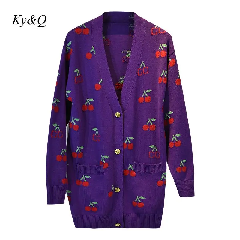 Brand Designer Christmas 2020 Winter Luxury Sweet Lazy Embroidery Cherry Sweater V-neck Long Oversized Knit Cardigan Women New |