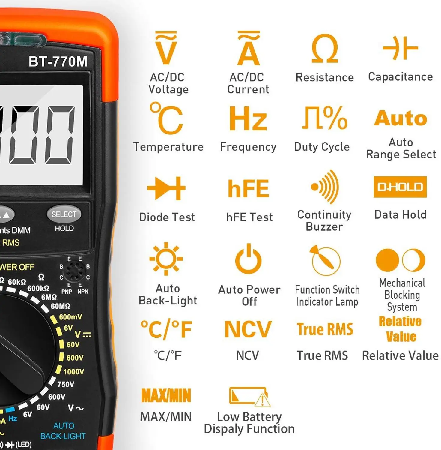 BTMETER BT-770M Цифровой мультиметр 6000 отсчетов Автоматический диапазон AC/DC измеритель напряжения диод тест NCV True RMS задний светильник