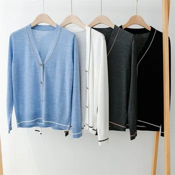 

Women Sweater Simple Contrast Color Wool Knitted Cardigan