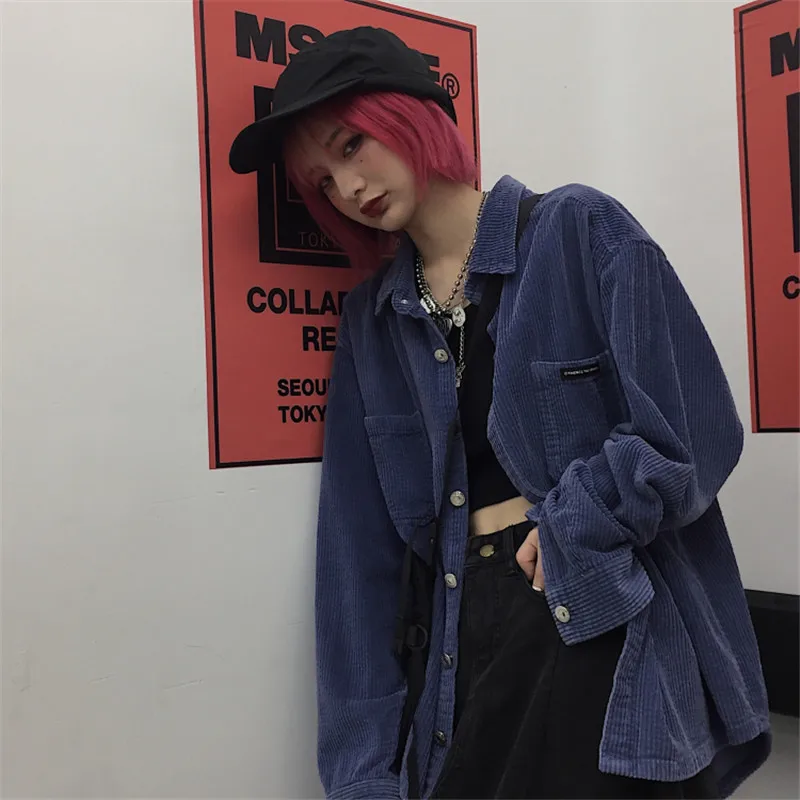 Lychee Harajuku, одноцветная Женская Вельветовая рубашка, топ, повседневная, свободные карманы, женская блузка, топы, весна-осень, женские рубашки, пуловеры