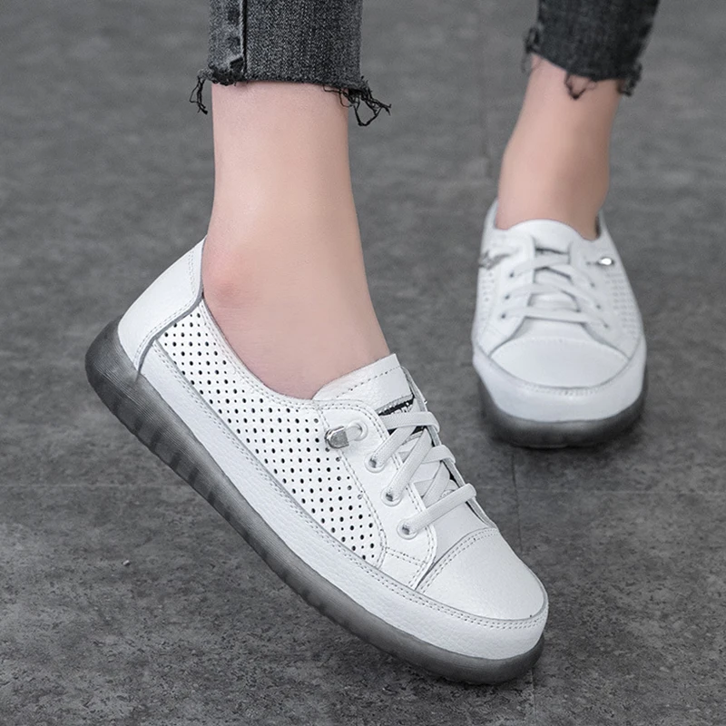 Zapatillas deportivas de piel auténtica para mujer, zapatos transpirables de color blanco, con cordones y plataforma de malla, vulcanizados informales para verano