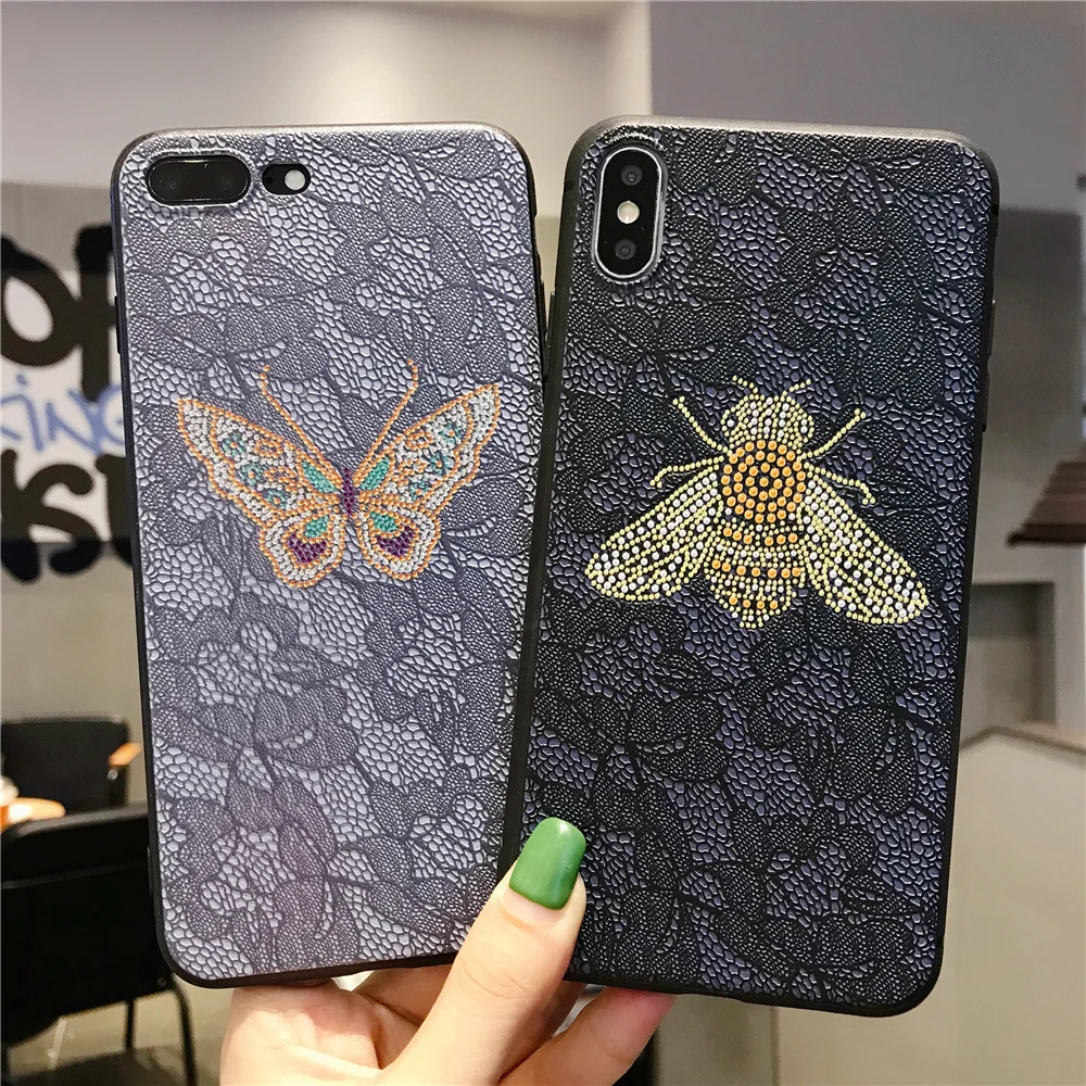 

Trend Fashion Lace Embossed Rose flowers case for iPhone 8 7 Plus x xs xr max 6 6S Classic Vintage Butterfly Bee Soft Cover capa
