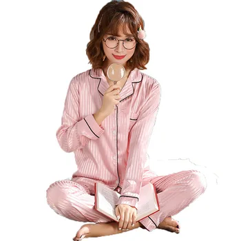 

Women's pajamas silk striped long-sleeved cardigan spring and autumn pink summer 2-piece sexy pajamas home service