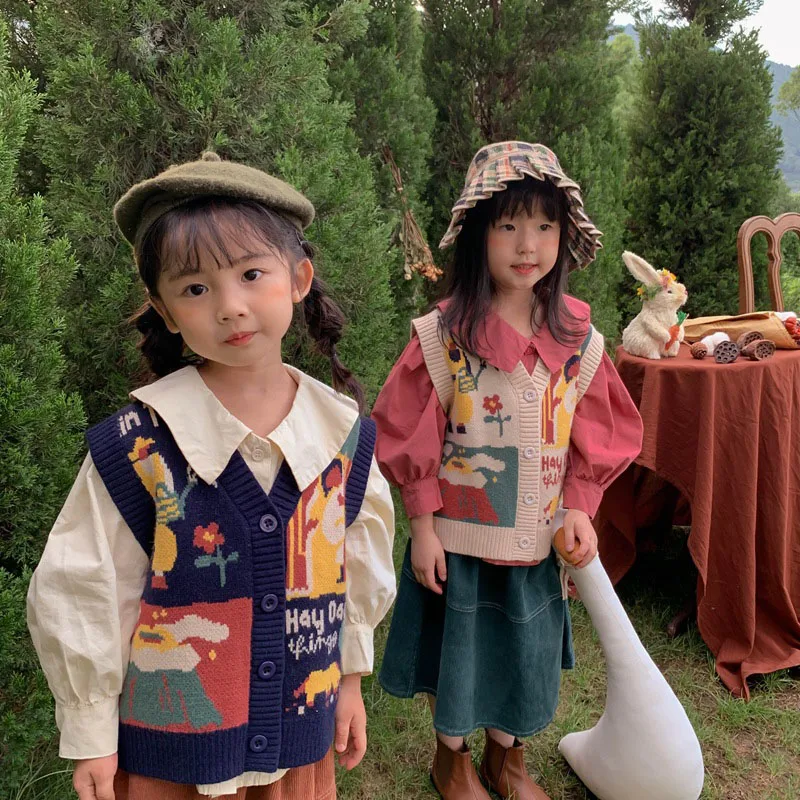 MILANCELAutumn Kids Clothes Cartoon Vest Girls Sleeveless V-Neck Sweater Korean Girl Knitting Clothing