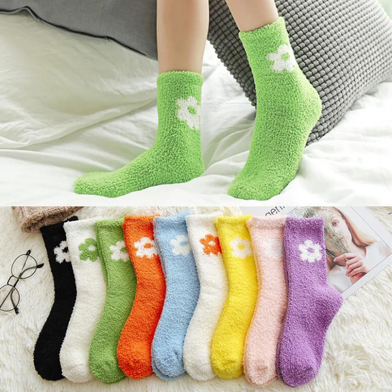 Корейский стиль Цветочные Носки женские коралловые бархатные толстые теплые носки зимние забавные носки Femme домашние носки Calcetines Mujer