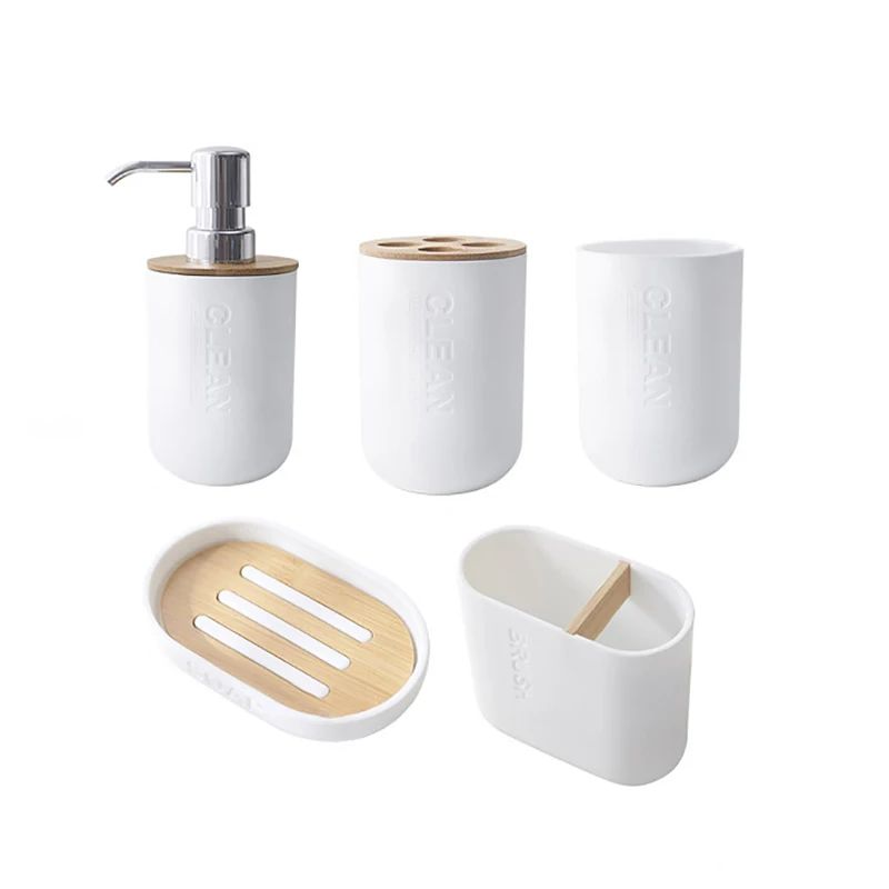 ONEUP пластиковые наборы аксессуаров для ванной комнаты дозатор мыла/держатель зубной щетки/стакан/мыльница для ванной Дома Бамбуковые продукты - Цвет: Set
