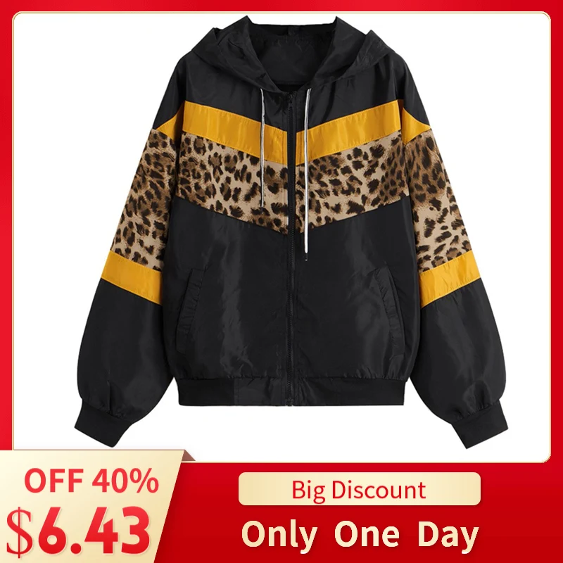 

2019 Casual Autumn Women Jackets Outerwear Leopard Print Colored Patchwork Zipper Blouse Bomber Jackets Fashion Overwear Coat