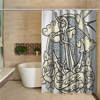 

Anchor Waterproof and colorful shower curtain Anchor and Roses Antique Monochrome Clouds Bird Wings Old Style Sketching Print