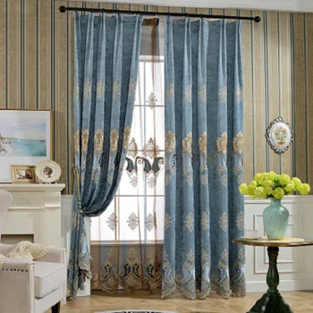 

Luxury Curtains Tulle for Living Room European Blue Chenille Embroidery Velvet Curtains Tulle Bedroom Decorate Panel Window