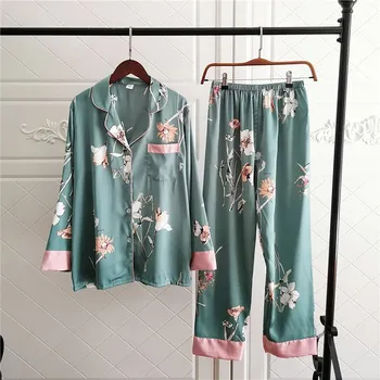 

Green Female 2PCS Pajamas Suit Intimate Lingerie Satin Homewear Pyjamas Sexy Sleep Set Nightwear Summer New Soft Sleepwear