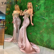 

YALIN Pink Satin Bowknot Long Evening Dress Off The Shoulder Beading Celebrate Dresses Women Mermaid Prom Gowns فساتين السهرة
