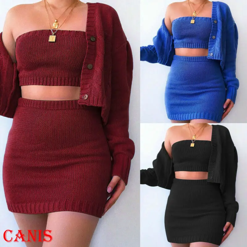 

2020 Sexy 3Pcs Wool Knit Ladies Clothes Set Women's Knitted Tube Tops Coat Skirt Outfits Two Piece Bodycon Party Mini Skirt