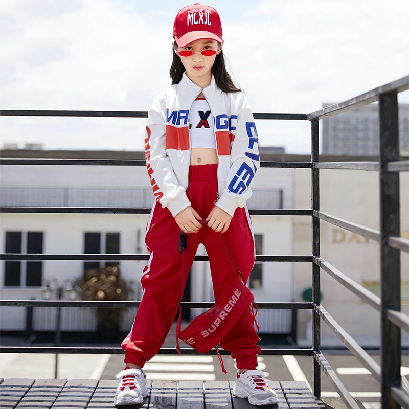 ニューキッズジャズダンス衣装ガールズストリートダンス服子供ヒップホップ白ジャケット赤パンツチアリーダーステージの摩耗dql9 Aliexpress