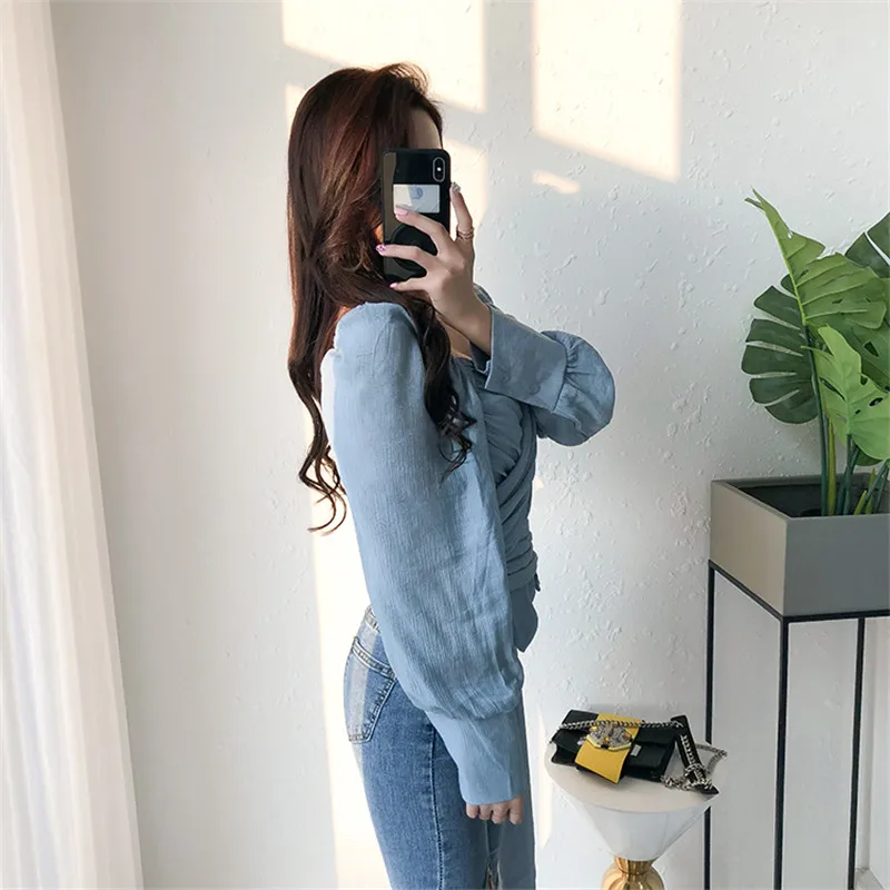 Blusas новая плиссированная рубашка с v-образным вырезом на шнуровке с регулируемой талией, тонкая короткая блуза, женские топы PZ2513