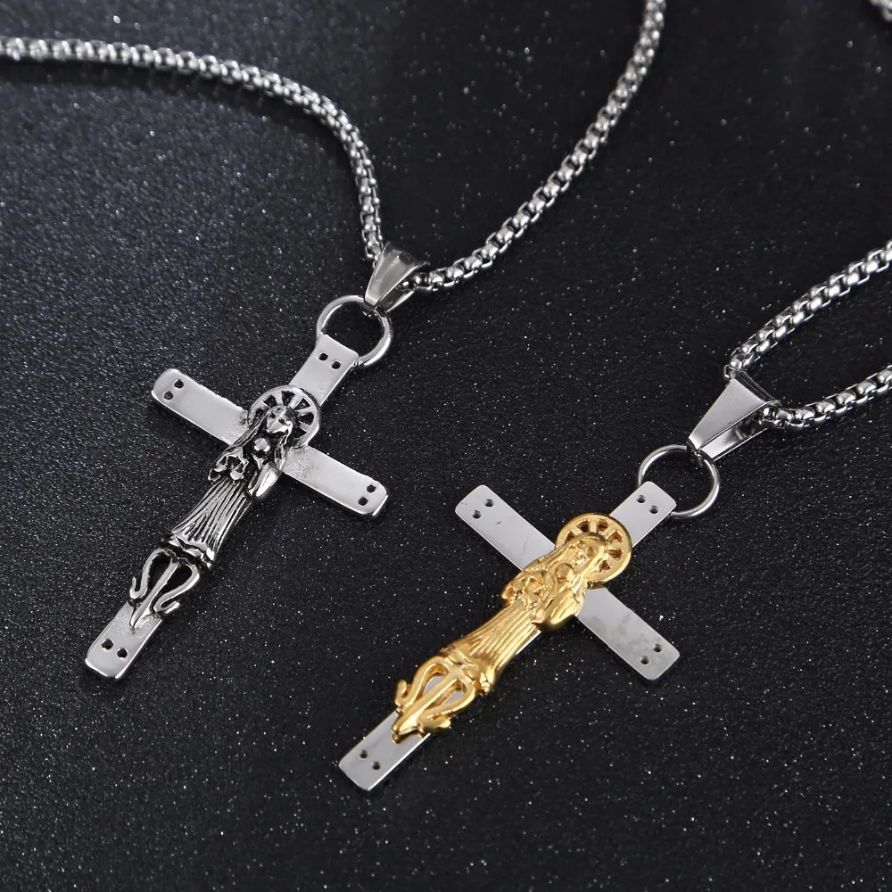 Hot-Holy-Saint-Death-Santa-Muerte-Skull-Biker-Cross-Pendant-Necklace-316l-Steel-silver-gold-tone