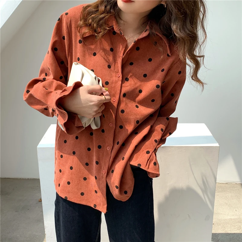 incredible Korea Winter Jacket Women 2019 Autumn New Lapel Loose Single-Breasted Corduroy Polka Dot Long Sleev