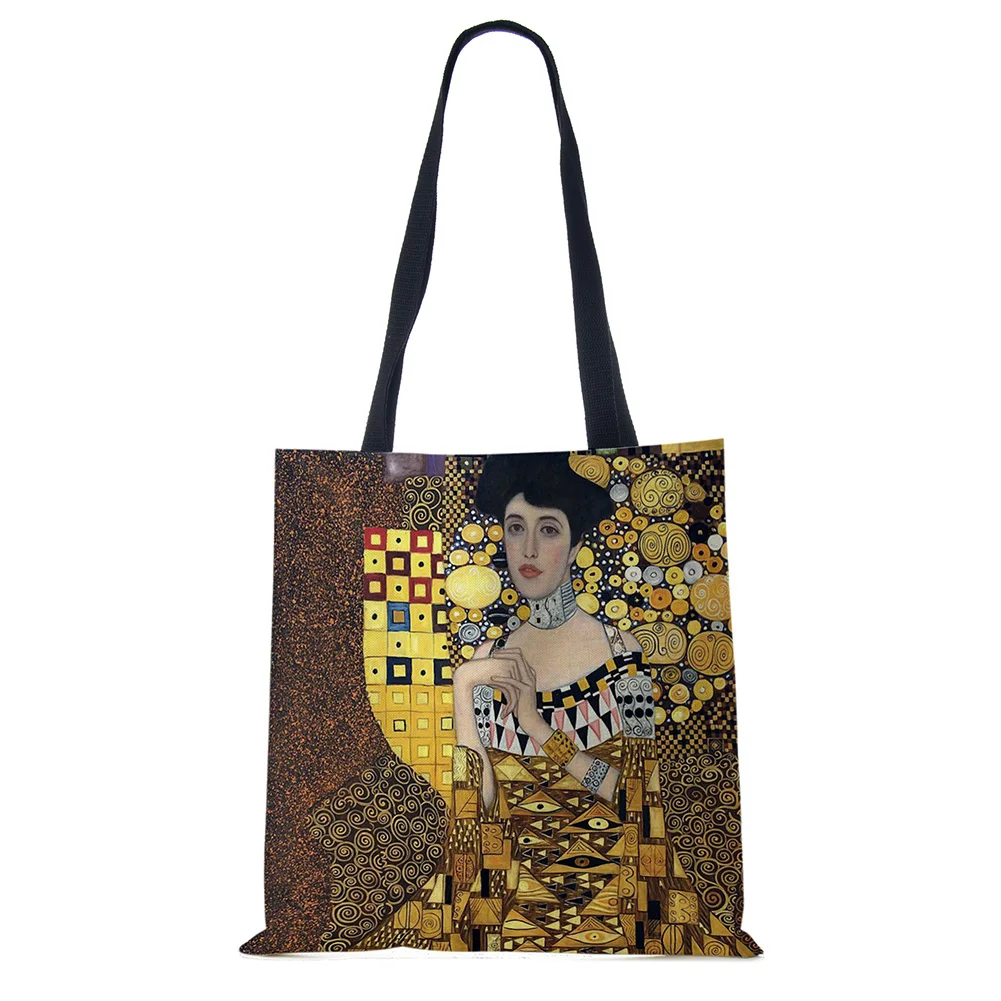 Customized Oil Painting Tears Linen Cloth Tote Bags For Women Gustav Klimt Ladise Fashion Handbag Large Capacity Shopping Totes 