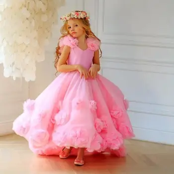 

Cute Pink Flowers Girls Dresses 3D Flower Appliques Floor Length Kids Teens Pageant Gowns Birthday Party Dress For Wedding