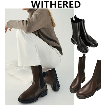 Withered-Botas de invierno vintage de estilo inglés para Mujer, botines estilo Chelsea, de piel de vaca, para invierno