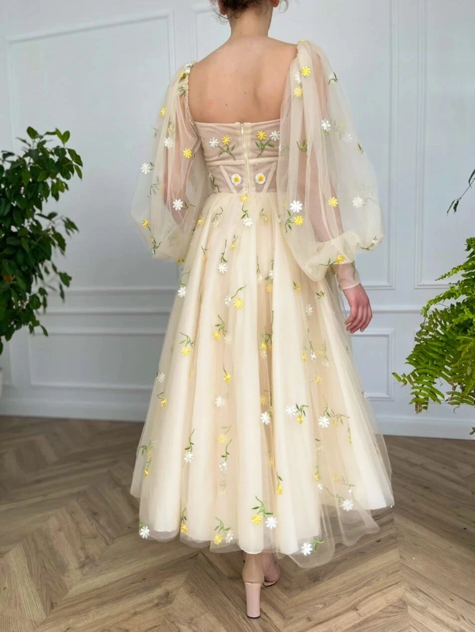 LORIE Square Neck Prom Dresses Long Puff Sleeves Embroidery Tulle Prom Gowns A-Line Ankle-Length Wedding Party Dresses