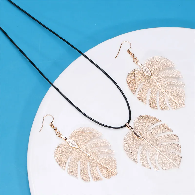 VIVILADY, хит, BOHO Monstera, кулон в виде листа, красочный сплав, женский ювелирный набор, ожерелье, серьги, для девушек, крупные, вечерние, подарок - Окраска металла: gold
