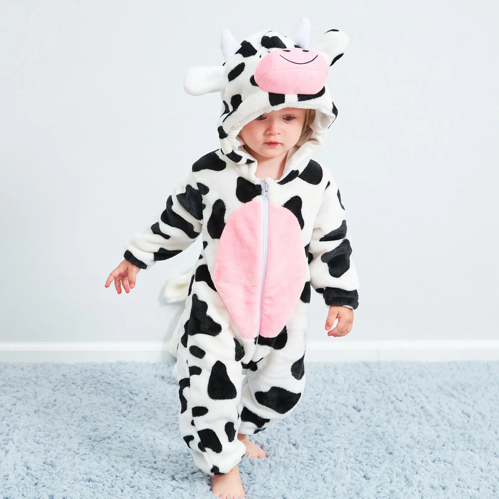 

0-4Years New year costume warm Infant Baby Flannel Cartoon Spots Cow Print Hooded Romper Jumpsuit Sets newborn romper lovely M4