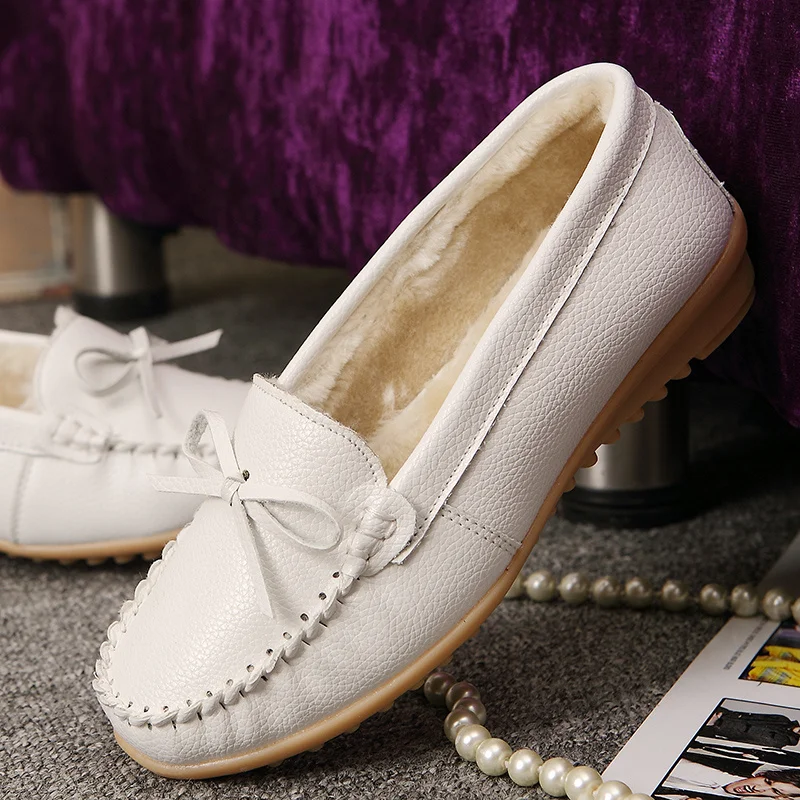 Dwayne Autumn Winter Plus Velvet Leather Flats Non-slip Casual Nurse White Shoes Women's Flat Shoes Female Loafers