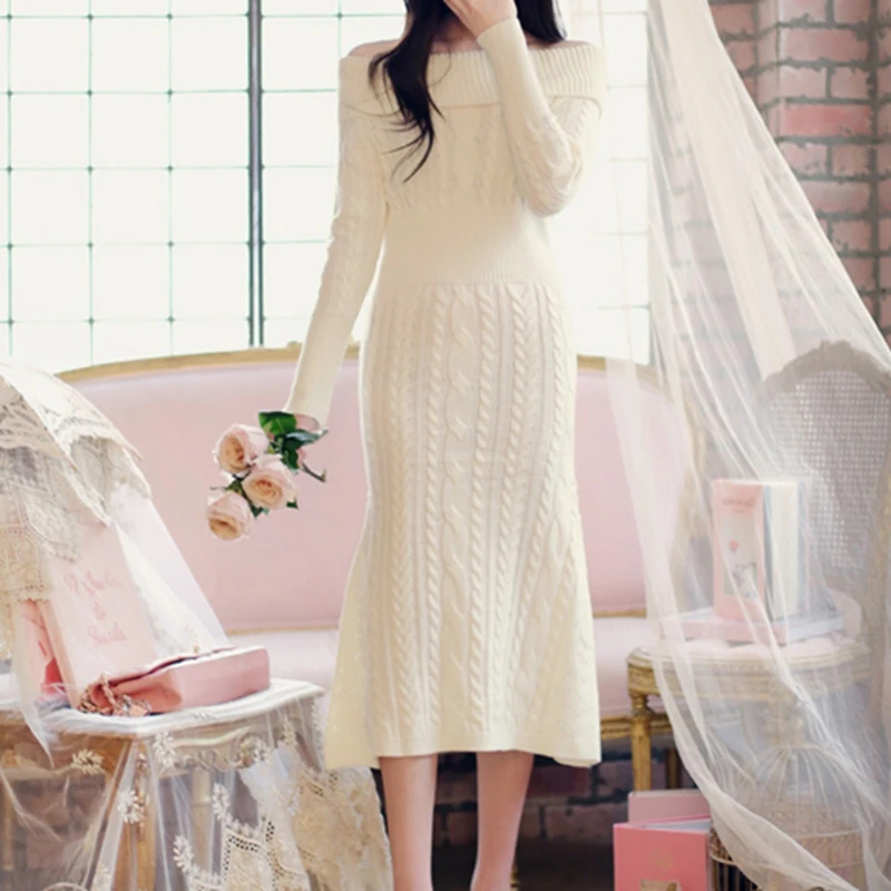 Женское трикотажное платье свитер с открытыми плечами и длинным рукавом|Платья| |