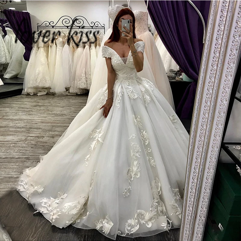 

Lover Kiss Vestido De Noiva V Neck Ball Gown Wedding Dresses Off Shoulder Bridal Gowns Lace Appliqued Corset Back robe mariee