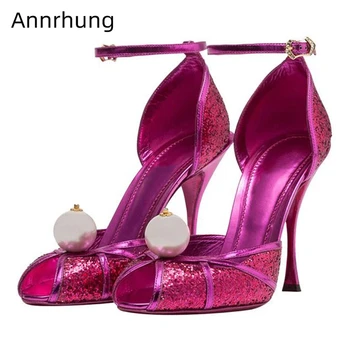 

Sexy Peep Toe Bling Sequins Party Shoes Woman Stiletto Heel Ankle Strap Pearl Decor Sequined Cloth High Heel Sandals Women