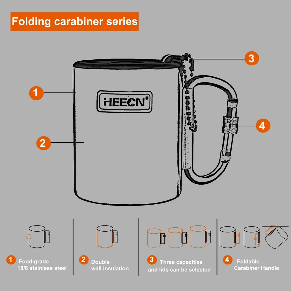 Tasse De Camping Avec Couvercle Et Mousqueton - Tasse En Acier Inoxydable Tasse A Cafe Thermique Tasse Isotherme A Double Paroi Sans Bpa Hess 038bbk