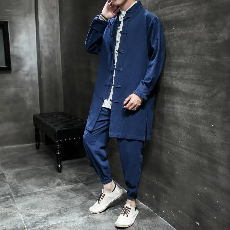 

Traditional Chinese Style Tracksuit Men Long Sleeve Linen Trench Jacket+ Pants Men Clothes 2019 Set Fashion 2 Piece Mens Outfit