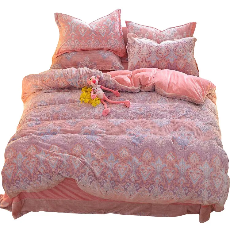 

8d Embossed Fabric 2019 Autumn And Winter Thick Warm Crystal Milk Velvet AB Version of Four-piece Set Bedding Article