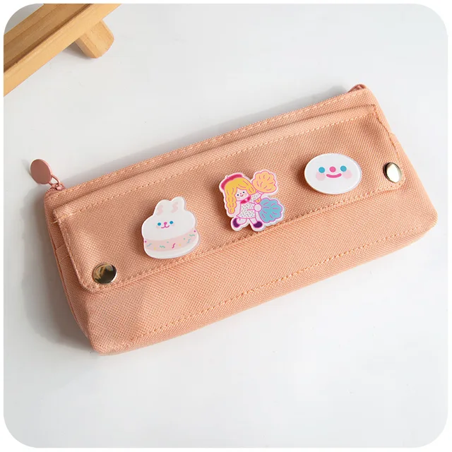 kawaii Large Pencil Case Stationery Storage Bags Canvas Pencil Bag Cute Makeup Bag School Supplies for Girl Kids Gift w/ Badge B-Pink