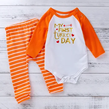 

2019 Thanks Giving Day Infant Girls Striped Trousers + Long Sleeve Bodysuits Party Baby's Sets Newborn 2Pcs Suits Kids Clothing