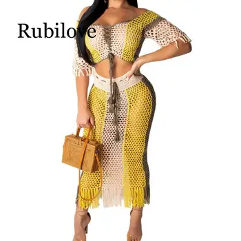 

Fishnet Hollow Out Sexy Two Piece Set Women Slash Neck Short Sleeve Crop Top And Bodycon Tassels Long Skirts 2 Pcs Beach Outfit