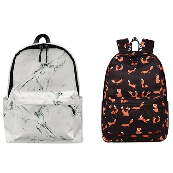 

Cute Animal Fox Printing School Backpack Black with Net Red Marble Pattern Backpack White