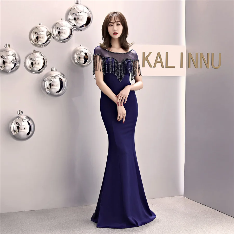 Тёмно-синий Robe De Soiree размера плюс с кисточками вечерние платья DX309-4 зеленый длинный высокое качество Русалка Вечерние платья настраиваемые вечернее платье - Цвет: Тёмно-синий