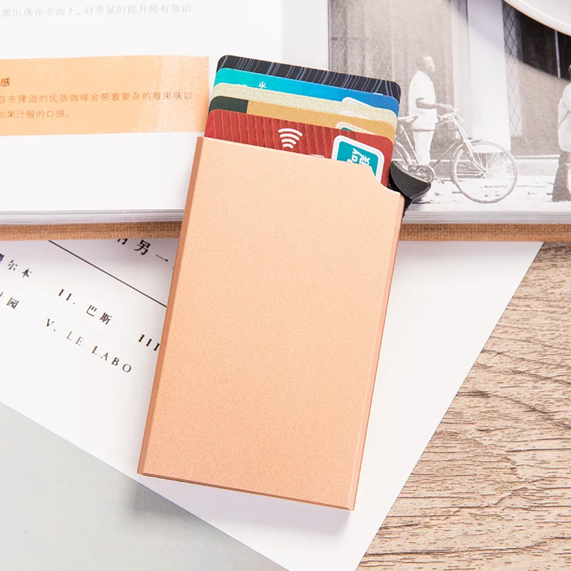 RFID алюминиевый сплав кредитный держатель для карт из искусственной кожи карта кошелек держатель для карт для мужчин женщин автоматический всплывающий Чехол для карт - Цвет: Gold