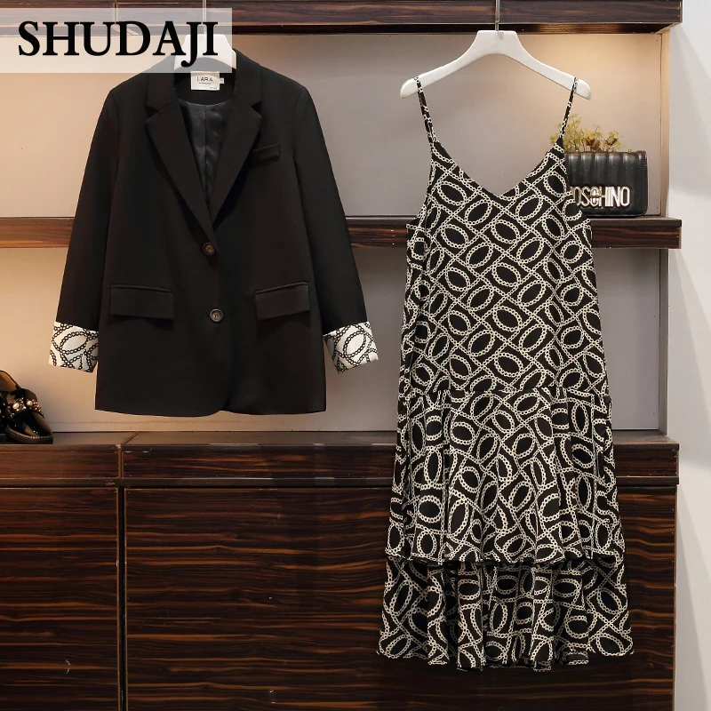 Yang Qiao Fat Sister's Autumn Dress New Large Size Women's Suit, Jacket, Suspended Dress Two Sets