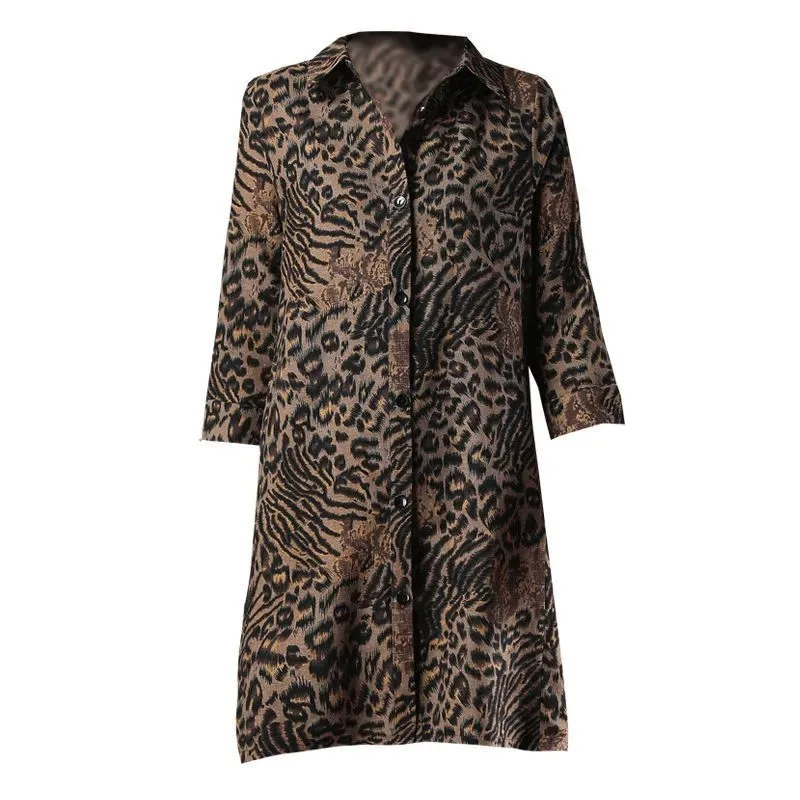 

5xl Blouse New Summer Vintage Middle-aged Mother Leopard Femme Three Quarter Sleeves Street Long Shirts