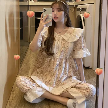 

XIFER 2020 Spring and Autumn New Women Pajamas Home Wear Sweet Retro Embroidery Hollow Collar Floral Nightdress Pajamas Set